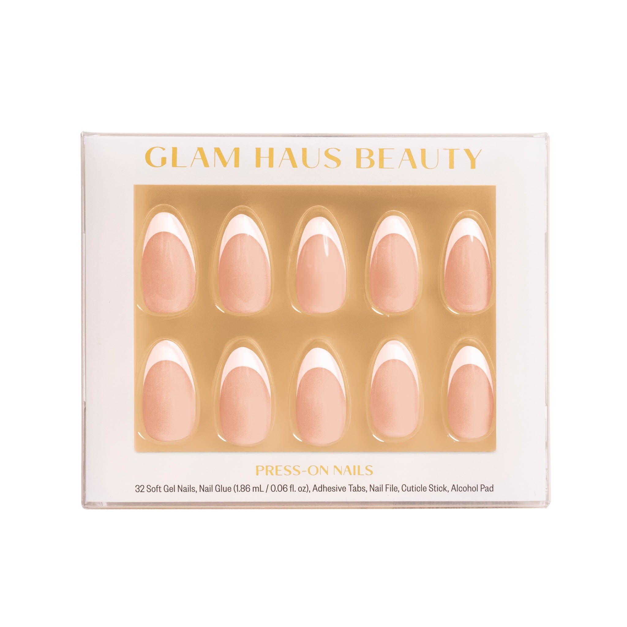 Glam Haus Beauty press-on nails packaging with French tip nails on a white background
