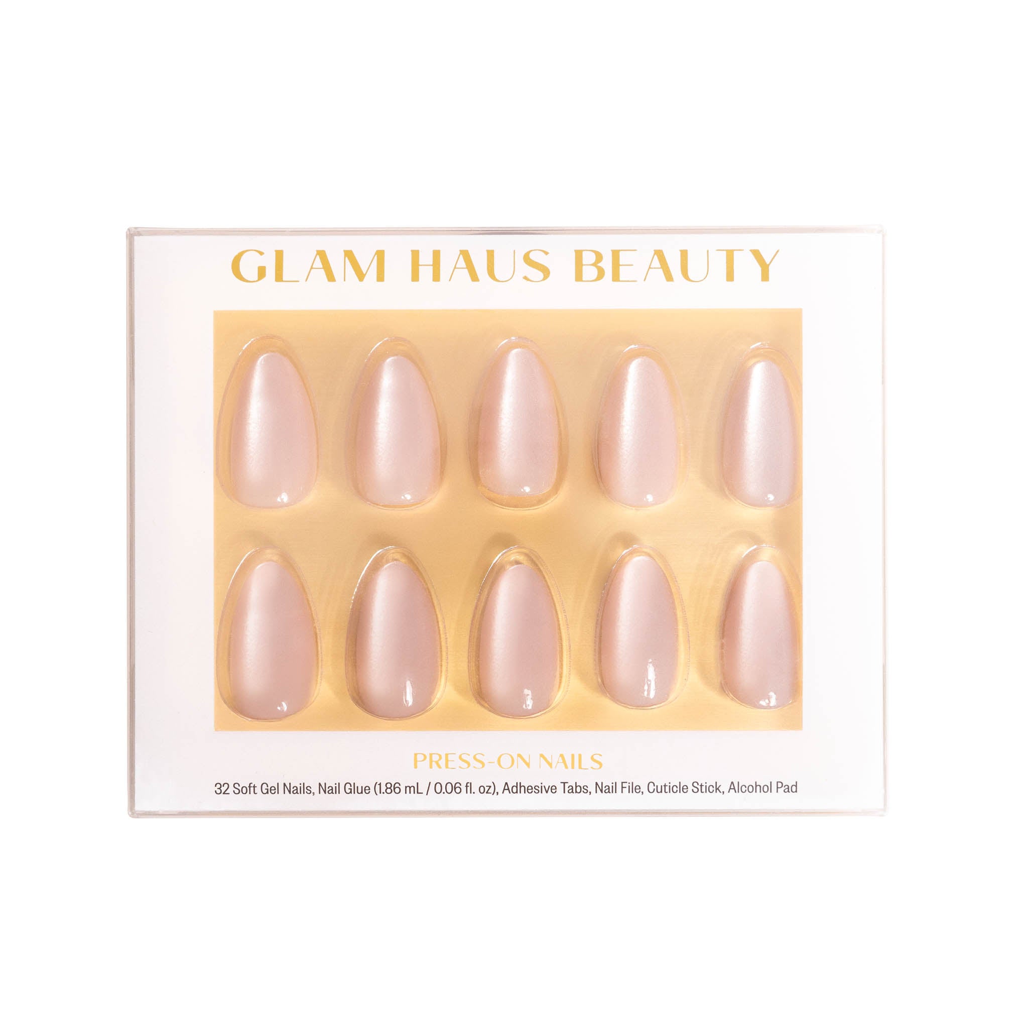 Glam Haus Beauty press-on nails packaging with gold accents on a white background, chrome pink nails color, almond shaped nails 
