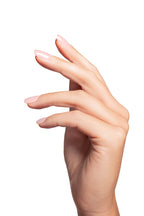 close-up of a hand wearing pink nails. nail shape short square with a white background
