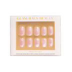 Glam Haus Beauty press-on nails packaging with gold accents on a white background, pink nails color, square shaped nails