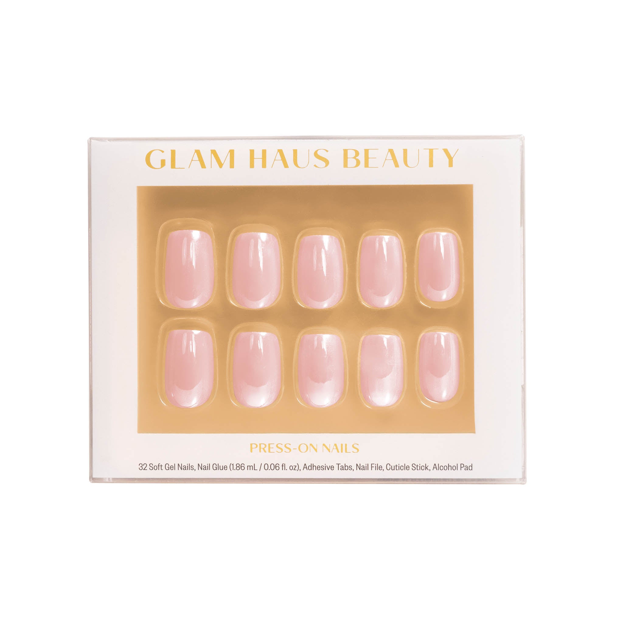 Glam Haus Beauty press-on nails packaging with gold accents on a white background, pink nails color, square shaped nails