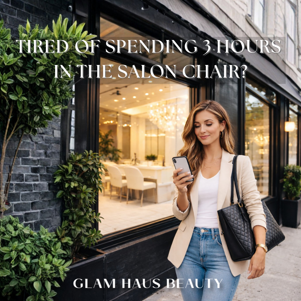 woman walking past nail salon, caption reads "Tired of spending 3 hours in the salon chair?"