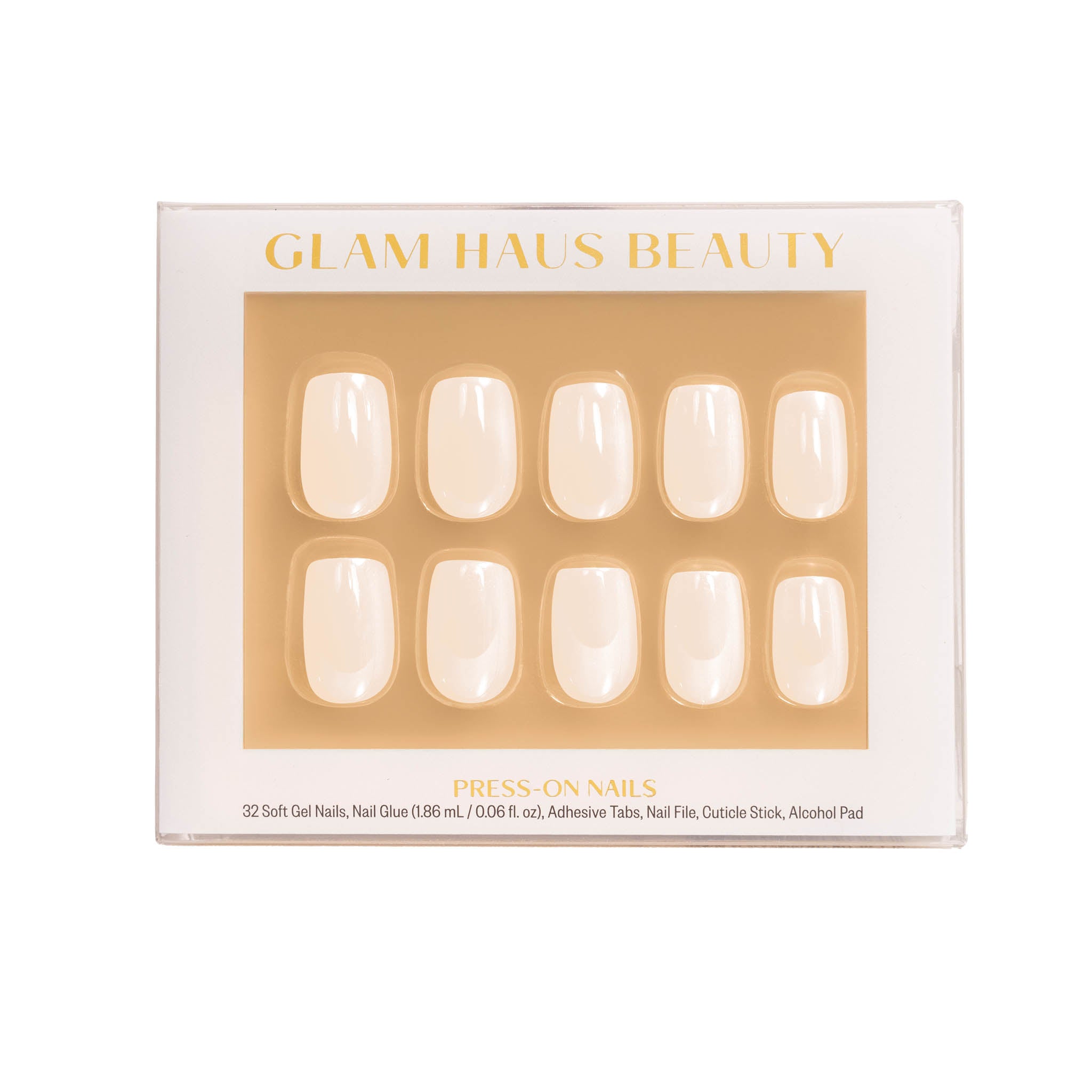 Glam Haus Beauty press-on nails packaging with gold accents on a white background, white nails color, short square shaped nails with Glam Haus Beauty packaging with gold and white design.